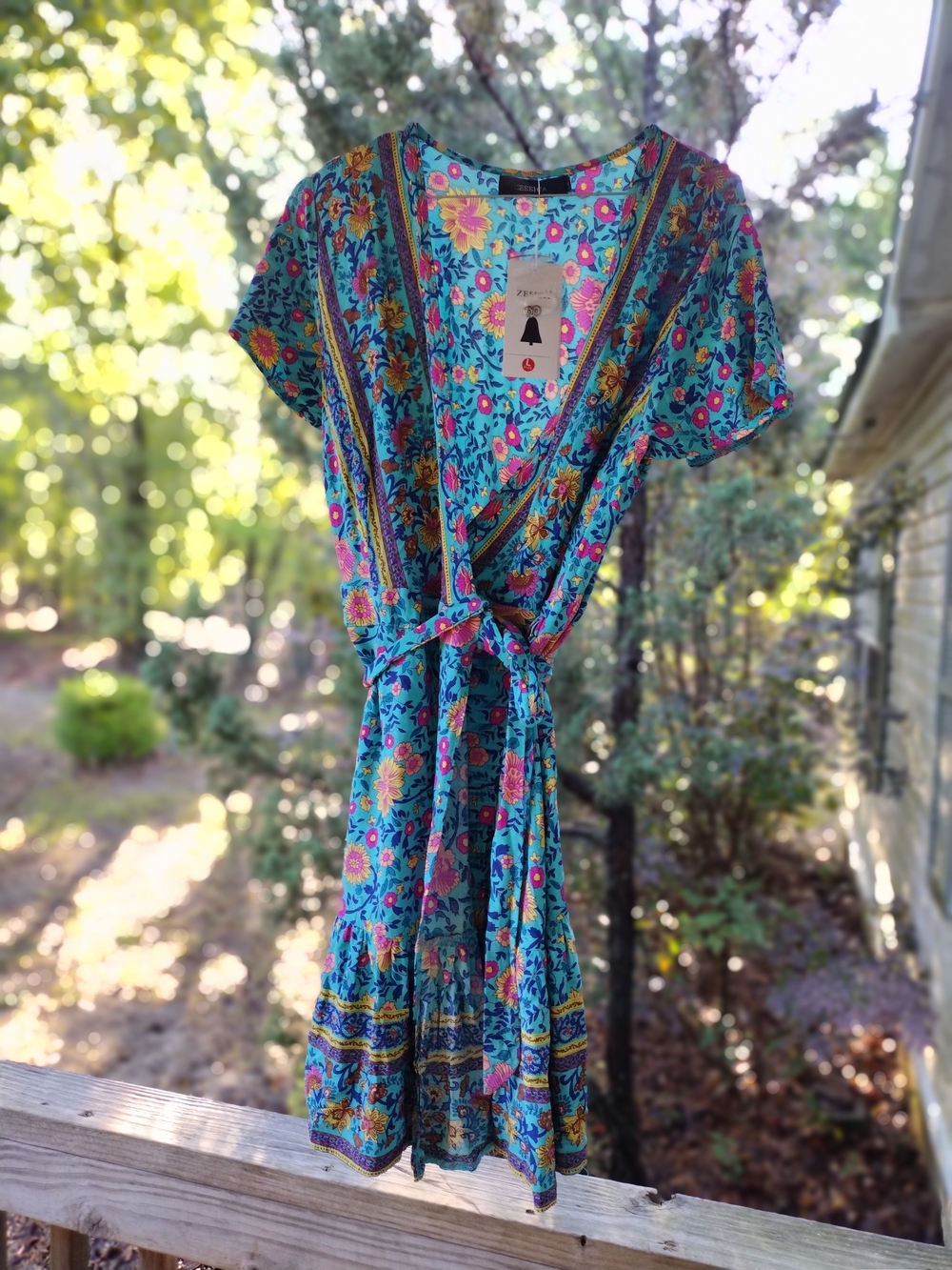 Floral Boho Tie-Waist Midi Dress in Turquoise - Picture 3 of 5